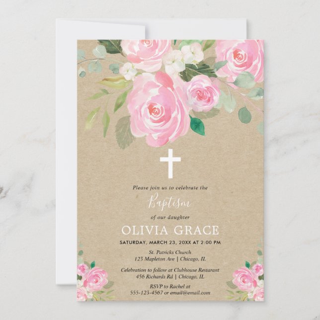 Rustic pink white floral watercolors baptism girl invitation (Front)