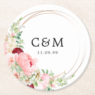 Rustic Pink White Floral Wedding Monogram and Date Round Paper Coaster