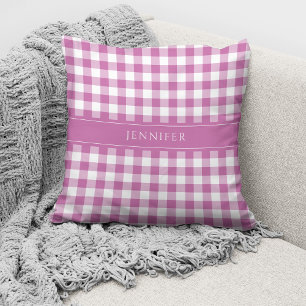 Rustic Pink & White Gingham Pattern Name Cushion