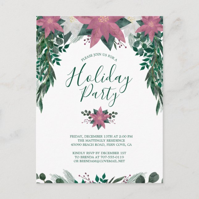 Rustic Pink White Poinsettia Foliage Holiday Party Invitation Postcard (Front)