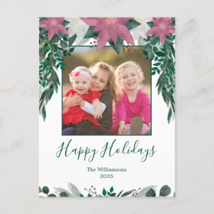 Rustic Pink White Poinsettia Foliage Photo Holiday Postcard