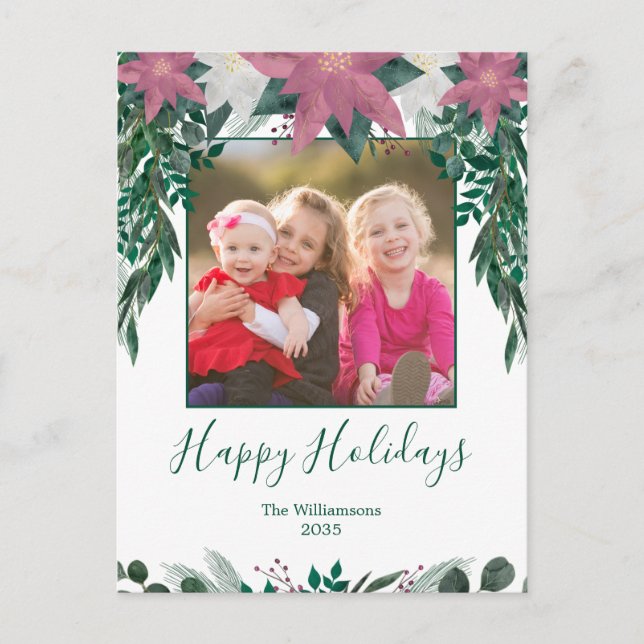 Rustic Pink White Poinsettia Foliage Photo Holiday Postcard (Front)