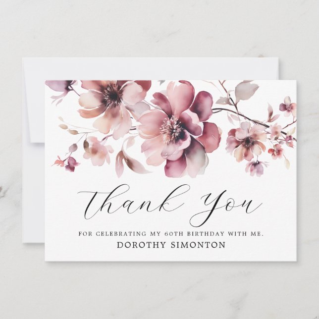 Rustic Pink Wildflower 60th Birthday Thank You (Front)
