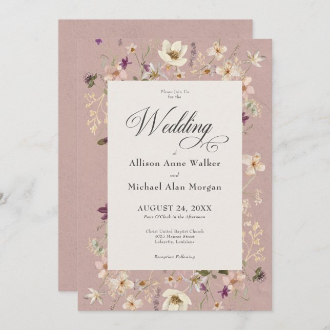 Rustic Pink Wildflower Frame Script Wedding Invitation (Front/Back)