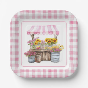 Rustic Pink Wildflower Sunflowers Farmers Market Paper Plate