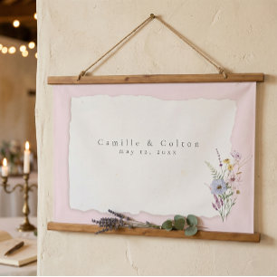 Rustic Pink Wildflower Wedding Guest Signature Hanging Tapestry