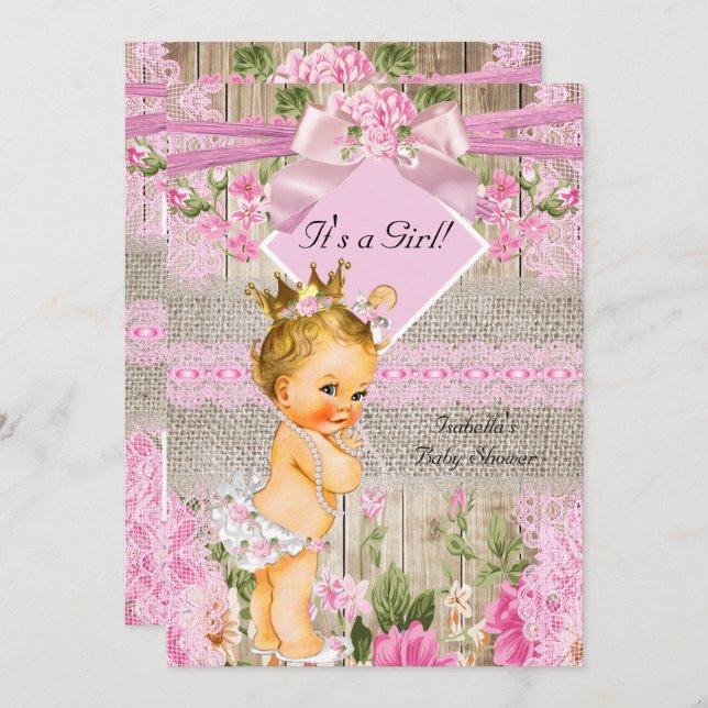 Rustic Pink Wood Burlap Girl Baby Shower Blonde Invitation (Front/Back)