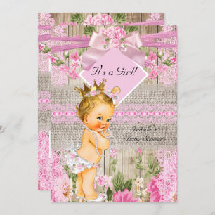 Rustic Pink Wood Burlap Girl Baby Shower Blonde Invitation