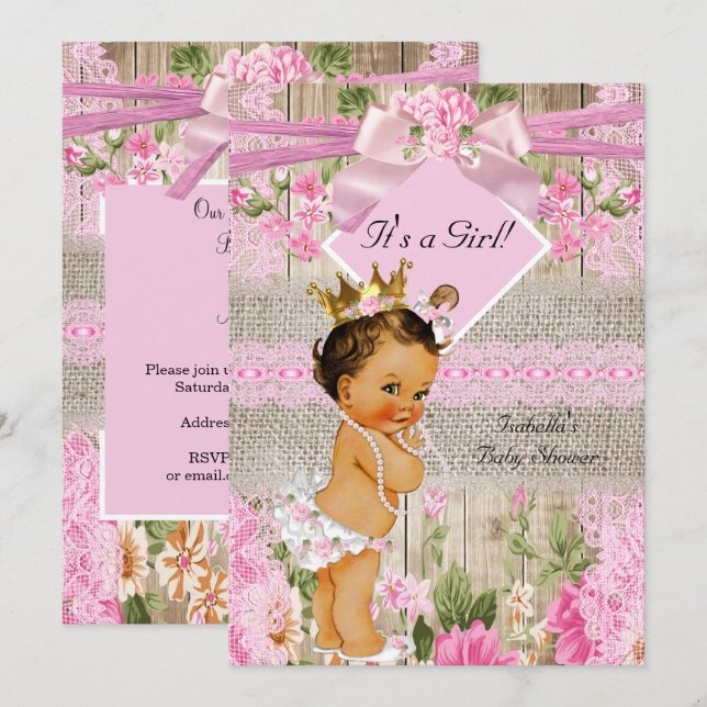 Rustic Pink Wood Burlap Girl Baby Shower Brunette Invitation (Front/Back)