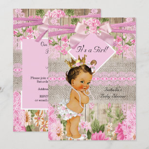 Rustic Pink Wood Burlap Girl Baby Shower Brunette Invitation