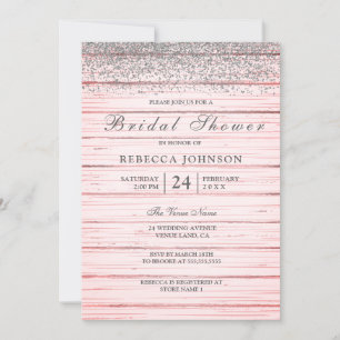 Rustic Pink Wood Silver Glitter Bridal Shower Invitation