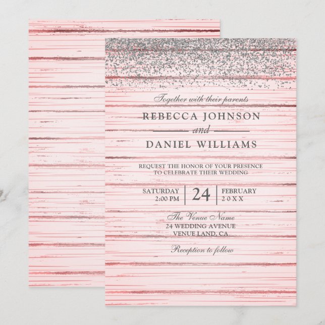 Rustic Pink Wood Silver Glitter Wedding Invite (Front/Back)