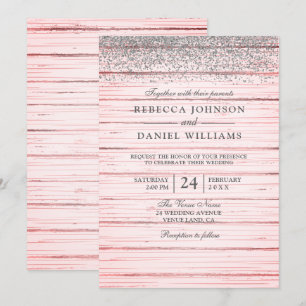 Rustic Pink Wood Silver Glitter Wedding Invite