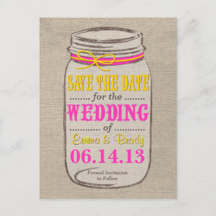 Rustic Pink & Yellow Mason Jar Save the Date Announcement Postcard