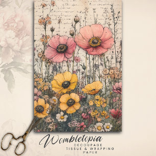 Rustic Pink & Yellow Poppy's Old Letter Decoupage Tissue Paper