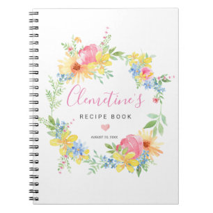 Rustic Pink Yellow Watercolor Floral Recipe Book