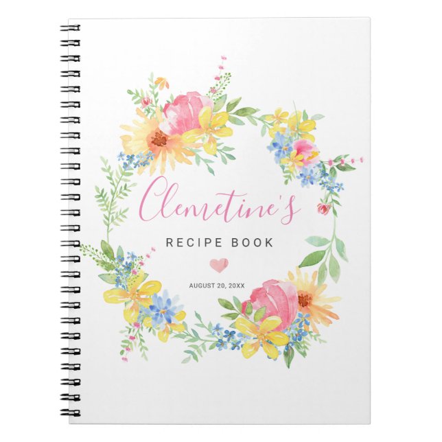 Rustic Pink Yellow Watercolor Floral Recipe Book (Front)