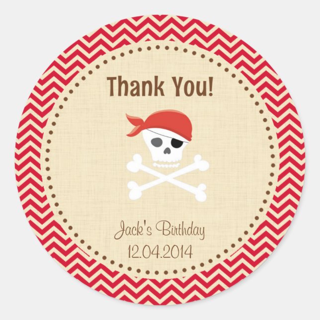 Rustic Pirate Birthday Thank You Sticker Red (Front)