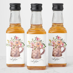 Rustic Pitcher Peach & Mauve Watercolor Floral Liquor Bottle Label