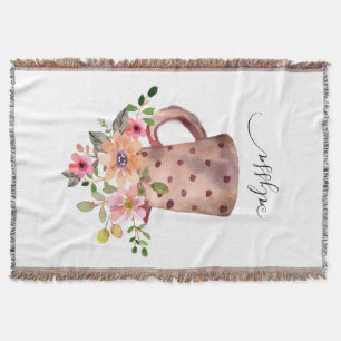 Rustic Pitcher Peach & Mauve Watercolor Floral Throw Blanket