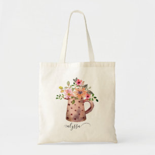 Rustic Pitcher Peach & Mauve Watercolor Floral Tote Bag