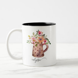 Rustic Pitcher Peach & Mauve Watercolor Floral Two-Tone Coffee Mug
