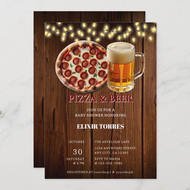 Rustic Pizza & Beer Baby Shower Invitation (Front/Back)