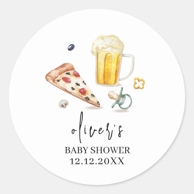 Rustic Pizza Beers Pacifier Baby Shower  Classic Round Sticker (Front)