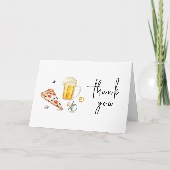 Rustic Pizza Beers Pacifier Baby Shower  Thank You Card (Front)
