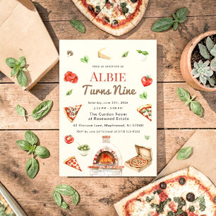 Rustic Pizza Party 9th Birthday Invitation