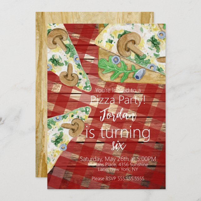 Rustic Pizza Slices Mushroom Birthday Party   Invitation (Front/Back)
