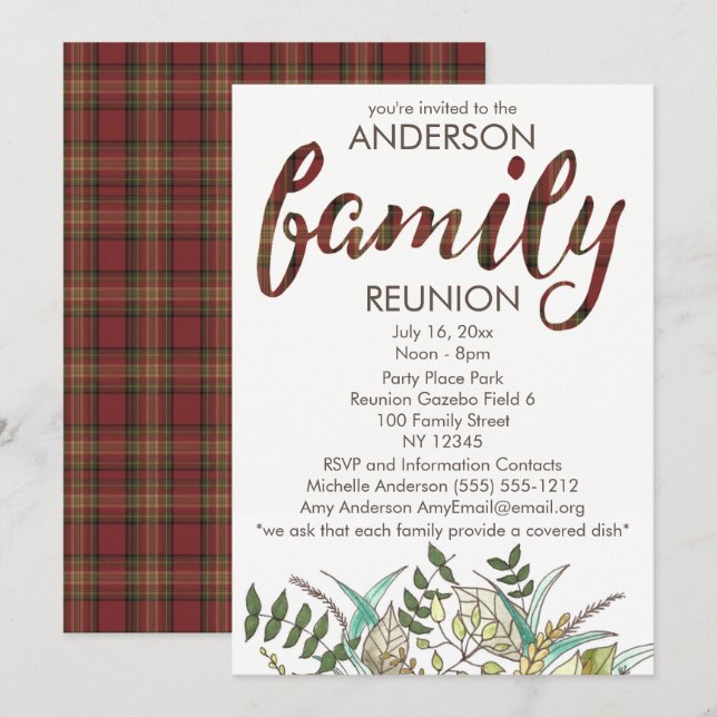 Rustic Plaid and Leaf Country Family Reunion Invitation (Front/Back)