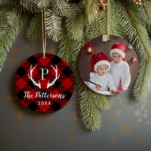 Rustic Plaid Antler Monogram Custom Photo Ceramic Tree Decoration