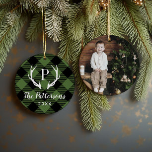 Rustic Plaid Antler Monogram Custom Photo Ceramic Tree Decoration
