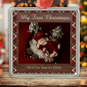 Rustic Plaid Baby’s First Christmas Photo Ornament