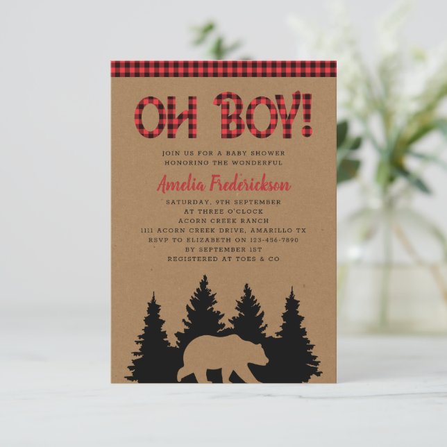 Rustic Plaid Bear Oh Boy Baby Shower Invitation (Standing Front)