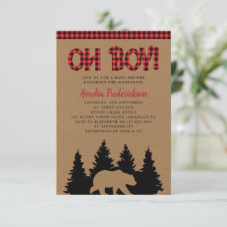 Rustic Plaid Bear Oh Boy Baby Shower Invitation