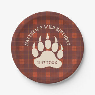 Rustic Plaid Bear Paw Wild Birthday Party Paper Plate