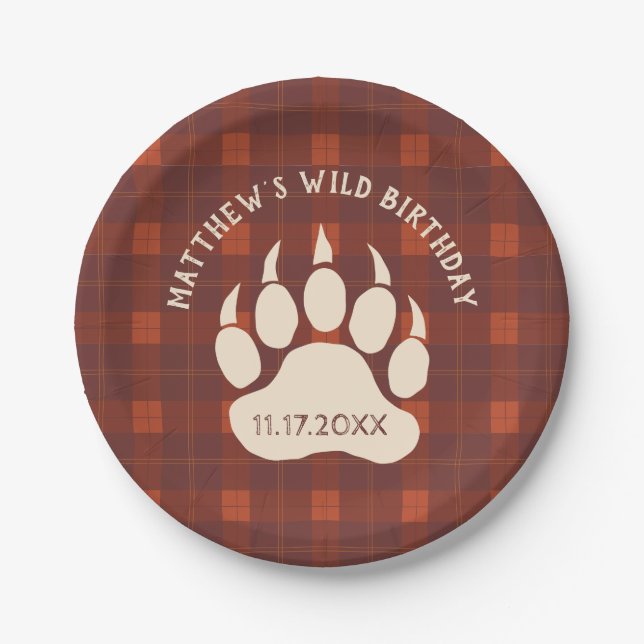 Rustic Plaid Bear Paw Wild Birthday Party Paper Plate (Front)