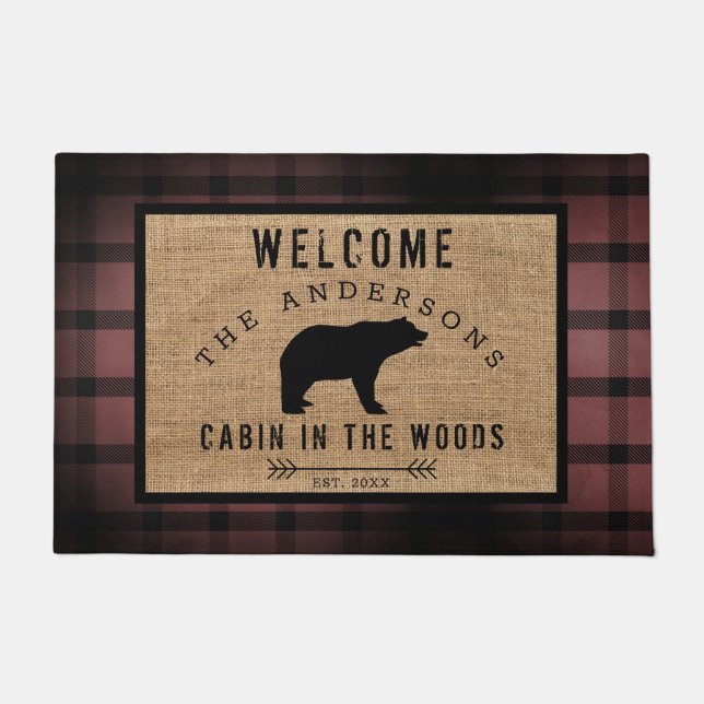 Rustic Plaid Bear Welcome Cabin in the Woods Doormat (Front)