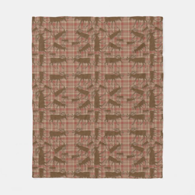 Rustic plaid brown moose fleece blanket (Front)