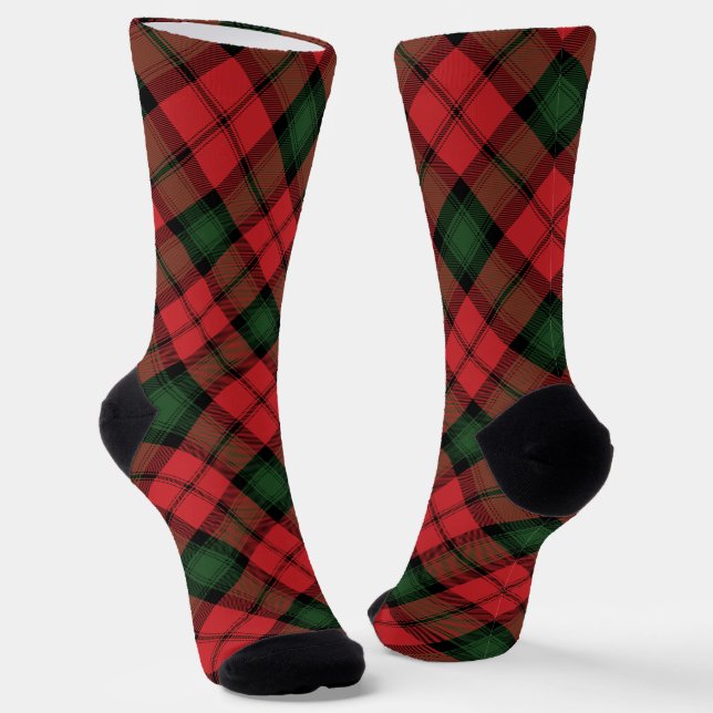 Rustic Plaid Checkered Red Green Tartan Socks (Angled)