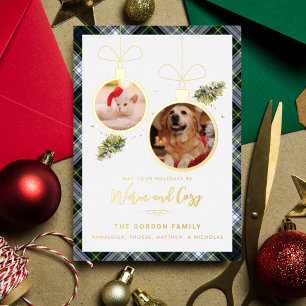 Rustic Plaid Christmas 2 Pet Photos Tartan Gold Foil Holiday Card