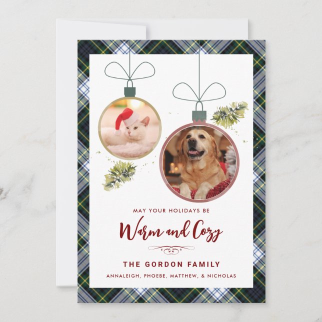 Rustic Plaid Christmas 2 Pet Photos Tartan Holiday Card (Front)
