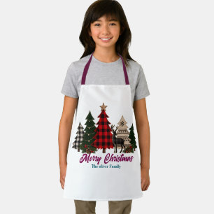 Rustic Plaid Christmas Family Trees Reindeer kids Apron