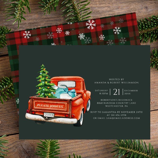 Rustic Plaid Christmas Holidays Party Silver (Classic Red Truck Christmas Party Invitation Silver Foil Card)