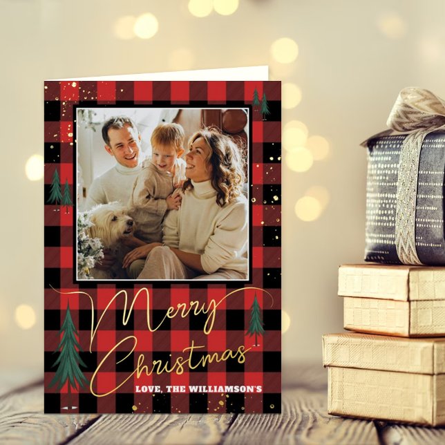 Rustic Plaid Christmas Tree Forest Photo Real Foil Greeting Card (Creator Uploaded)