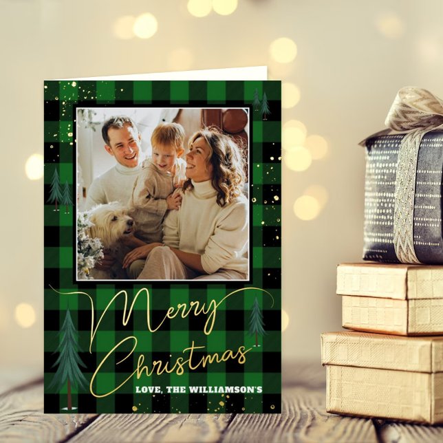 Rustic Plaid Christmas Tree Forest Photo Real Foil Greeting Card (Creator Uploaded)