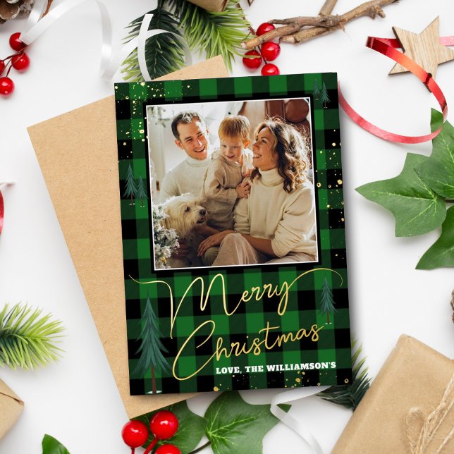 Rustic Plaid Christmas Tree Forest Photo Real Foil Holiday Card (Creator Uploaded)