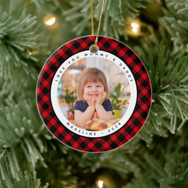 Rustic Plaid Country Photo Mummy Daddy Ornament  (Tree)